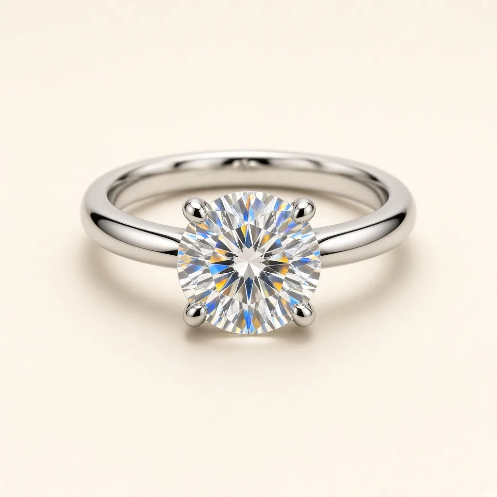 Round brilliant moissanite solitaire ring on a polished stainless steel band