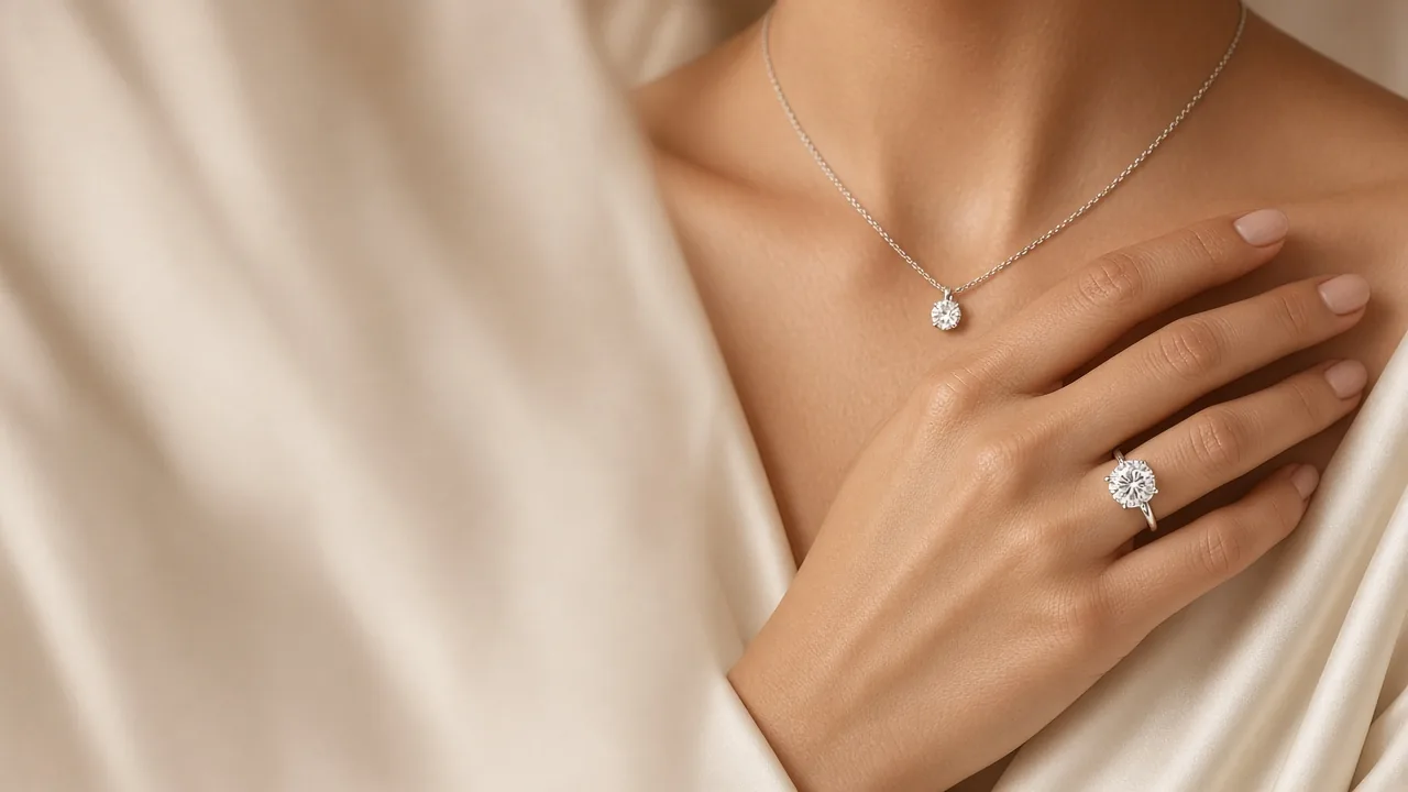 Woman wearing a moissanite solitaire ring and pendant necklace